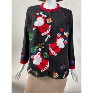 Tiara International Embellished Santa Christmas Sweater  Sm Black Cotton Blend